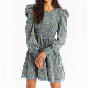 Allison New York Nora Corduroy Mini Dress XS Dusty Blue Floral Smocked Dress